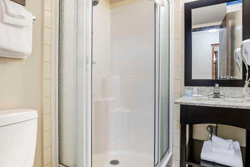 a bathroom with a shower and a toilet and a sink at Quality Inn Airport in Moncton