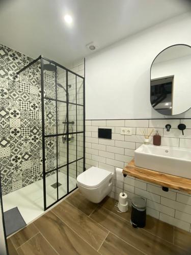 a bathroom with a toilet and a sink and a mirror at Carmen La Golondrina in Restábal