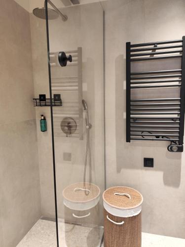 a bathroom with a shower with a toilet and two stools at Villa Maranta in Slano