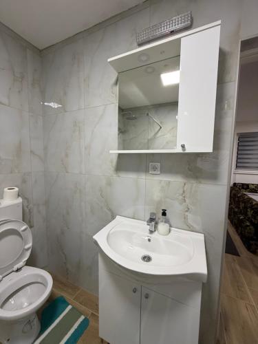 ein Badezimmer mit einem weißen Waschbecken und einer Toilette in der Unterkunft Apartman Katarina in Foča