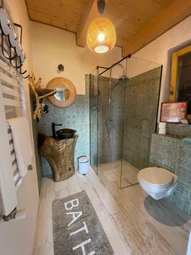 a bathroom with a glass shower and a toilet at Gliniana Chata in Zawoja