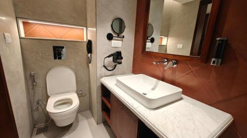 a small bathroom with a toilet and a sink at Hotel Vishnu Palace in Mussoorie