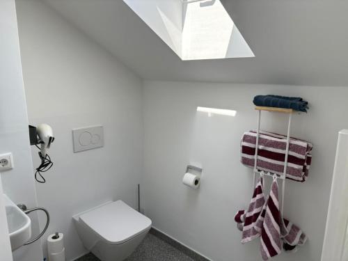 a white bathroom with a toilet and a sink at Appartementhaus Silke in Bad Füssing