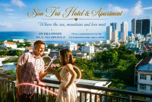a poster for a wedding with a couple standing on a balcony at Son Tra Green Hotel & Apartment - near the My Khe beach, Son Tra Peninsula, Linh Ung Pagoda in Danang