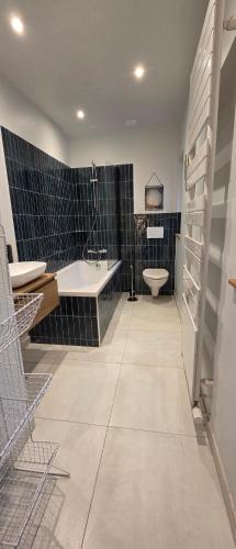 a bathroom with a sink and a tub and a toilet at Les Preuses, un Grand Cru de Chablis avec jacuzzi in Fontenay-près-Chablis