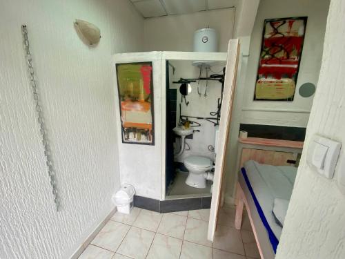 a small bathroom with a toilet and a sink at Sky Stay in SJJ