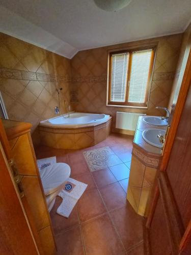 a bathroom with two sinks and a tub and a toilet at Vila Rozmital in Příbram
