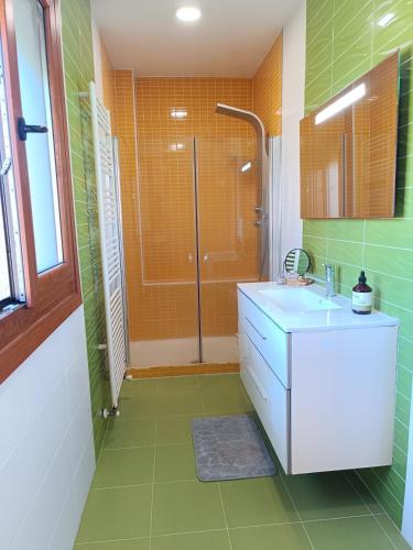 a green bathroom with a sink and a shower at Casa Agarimo in Arcade