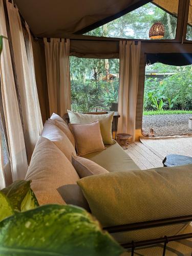 a couch sitting in a room with a large window at the Roost Tented Camp in Arusha