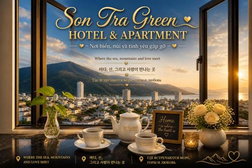 a poster for a hotel and apartment with a view of a city at Son Tra Green Hotel & Apartment - near the My Khe beach, Son Tra Peninsula, Linh Ung Pagoda in Danang
