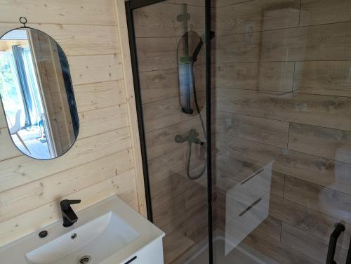 a bathroom with a shower and a sink at Les Nids de Cerisy in Cerisy-la-Forêt