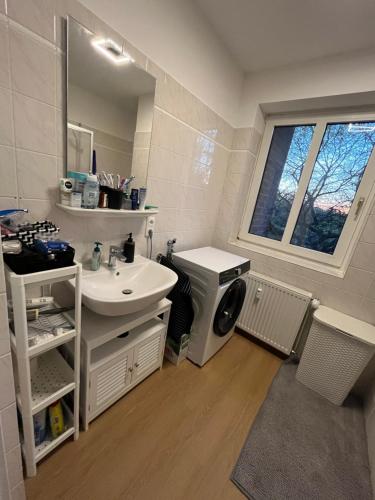 a bathroom with a sink and a washing machine at Private Room in Oldenburg with Balcony in Shared Apartment in Hundsmühlerhöhe