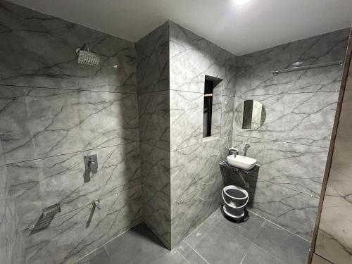 a bathroom with a shower with a toilet and a sink at Hotel Prime Elite in Ahmedabad