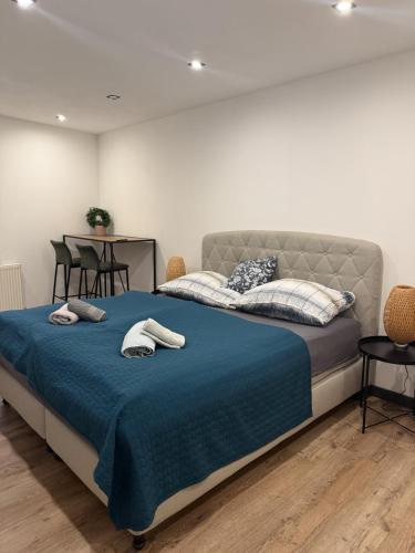 a bedroom with a bed with blue sheets and a table at #lowcosthighcomfort in Leoben