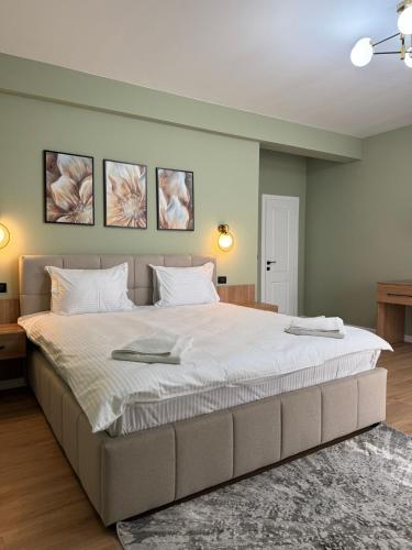 a large bed in a bedroom with three pictures on the wall at Pensiunea Taisia in Murighiol