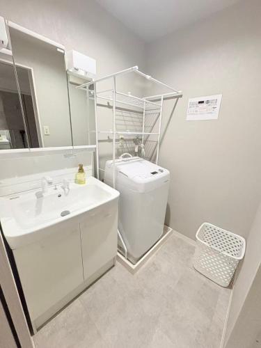 a bathroom with a sink and a toilet and a mirror at カリエンテ三宮202 in Kobe