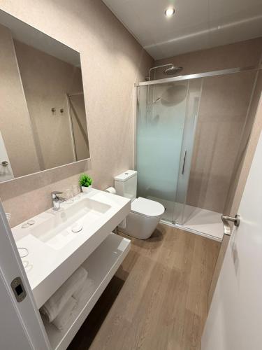 a bathroom with a sink and a toilet and a shower at Hostal Juan Carlos in Carboneras