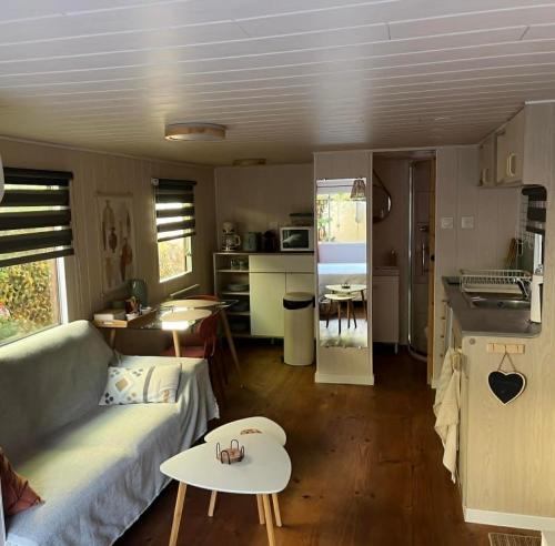 una sala de estar y una cocina con un sofá y una mesa en La Casetta, en Gattières