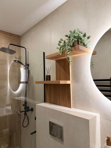 a bathroom with a shower and a sink and a mirror at Pajūrio Namai in Palanga