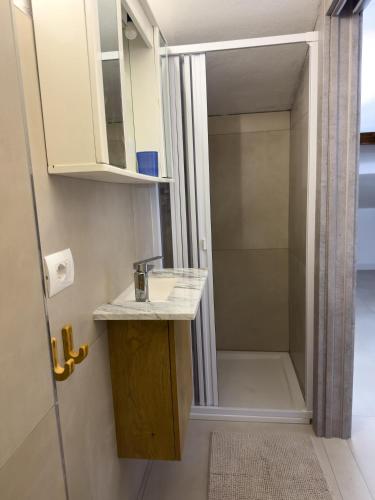 a bathroom with a sink and a shower at La casina di Sara in Cavo
