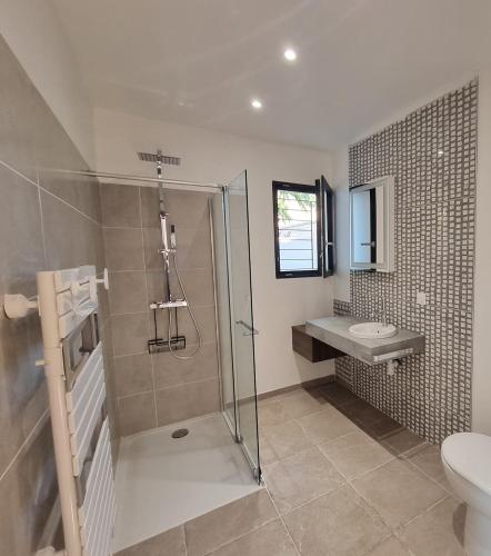 a bathroom with a shower and a sink and a toilet at Escapade à Saint-Saturnin-les-Avignon in Jonquerettes