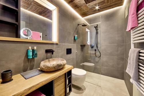 a bathroom with a toilet and a shower at Ferienhaus Magdalena in Mittenwald