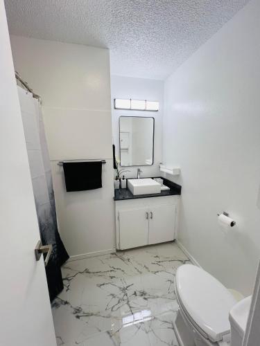 a white bathroom with a sink and a toilet at Lion House in Bentonville