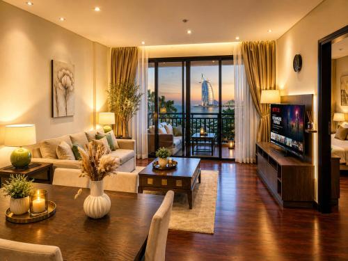Palm Escape Beachfront 1BR in Royal Amwaj Burj View & Private Balcony