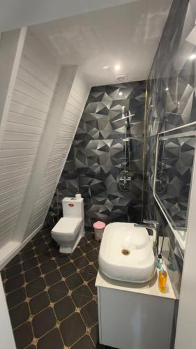 a bathroom with a white sink and a toilet at Gabala A frame Guest villa in Gabala
