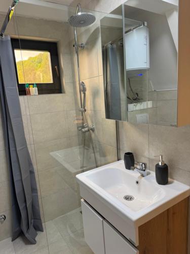 a bathroom with a sink and a shower at Forest View Kolašin in Kolašin