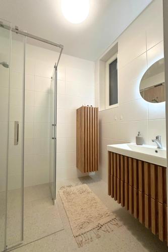 a bathroom with a glass shower and a sink at Elbe Stay Roudnice in Roudnice nad Labem