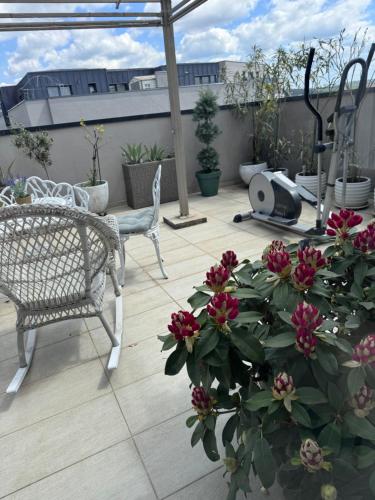 a patio with a chair and flowers on a roof at SIBIU Bach Penthouse in Sibiu