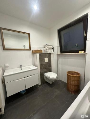 a bathroom with a toilet and a sink and a tv at Saarlouis2 in Saarlouis