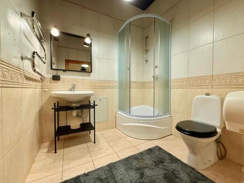 a bathroom with a toilet and a sink and a shower at Zema11 Old Town Space in Vilnius