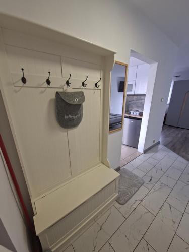 a kitchen with a shelf with hooks on the wall at Dom w dolinie in Zagórz