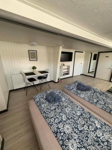 a living room with two beds and a table at H. C. Lumbyes Vej - kælderlejlighed in Odense