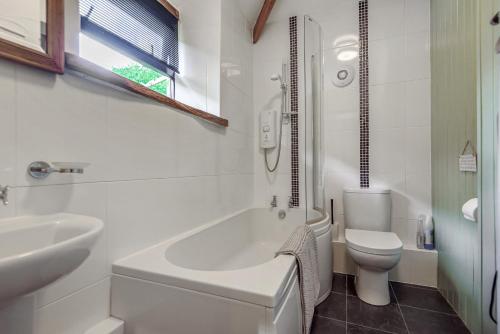 a white bathroom with a toilet and a sink at Cobble Cottage in Cardinham