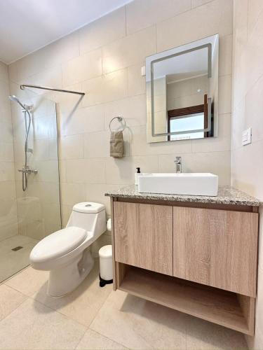 a bathroom with a toilet and a sink and a shower at Mananero Group Residence in Cabarete