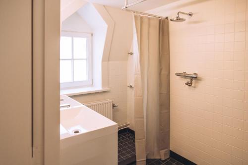 a bathroom with a sink and a shower at Portierswoning Vaeshartelt in Maastricht