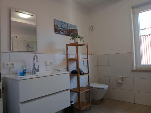a bathroom with a sink and a toilet and a mirror at Ferienwohnung Bartölke in Bockenem
