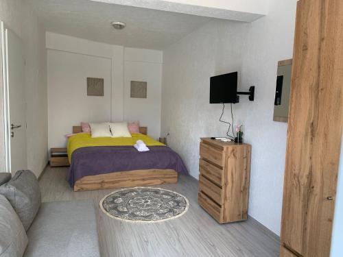 a bedroom with a bed and a tv in it at Къща Елена in Yagoda