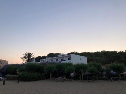a white building on a beach with trees and bushes at Hostal Alocs in Es Figueral Beach