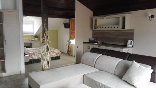 a living room with a couch and a bedroom at Zigen House in Bansko