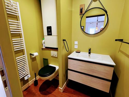 a bathroom with a sink and a toilet and a mirror at Chambre du Cotentin in Créances