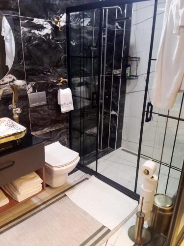 ein Badezimmer mit Dusche und Toilette in der Unterkunft Apera garden in Bulgurca