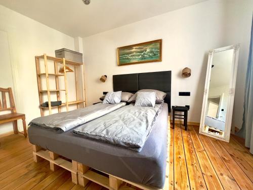 a bedroom with a large bed and a mirror at Apartament Świętojański in Tolkmicko