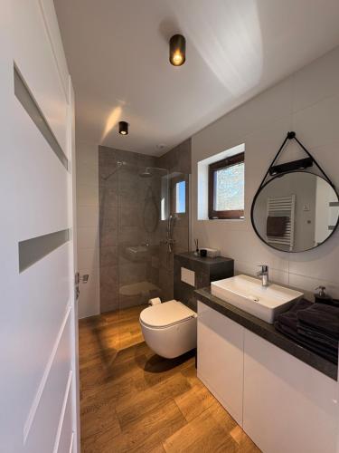 a bathroom with a toilet and a sink and a mirror at SOCHÓWKA nad Jeziorem Skarlińskim in Kurzętnik