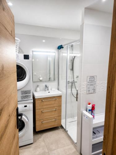 a bathroom with a shower and a sink and a washing machine at La Marmotte appartement cosy centre Briancon proche Prorel in Briançon