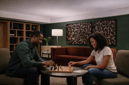 a man and a woman playing chess in a living room at Dutch Hotel Long Island City New York , Belvilla District 6 Formerly Sonder in Long Island City