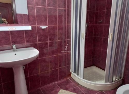 a red tiled bathroom with a sink and a shower at Hostel Elite in Băile Herculane